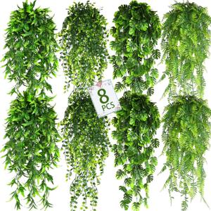 8 Pack Artificial Hanging Plants Fake Greenery Plants Fake lvy Vine for Home Wall Garden Indoor Outdoor Decoration (31'' Faux Boston Ferns,Palm Leaves)