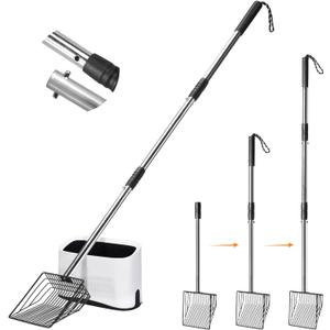 Metal Cat Litter Scoop with Holder, 43" Extendable Long Handle Cat Scooper for Litter Box, Solid & Durable, Deep Shovel for Fast Sifting, Large Pet Pooper Scooper for Kitty/Outside Dog Poop