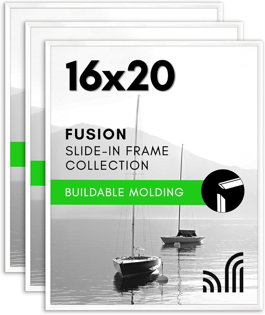 Americanflat 16x20 Picture Frame with Polished Front Cover - Set of 3 - Slide-In Photo Frame with Buildable Molding - Fusion Collection - Picture Frames for Wall Display - White