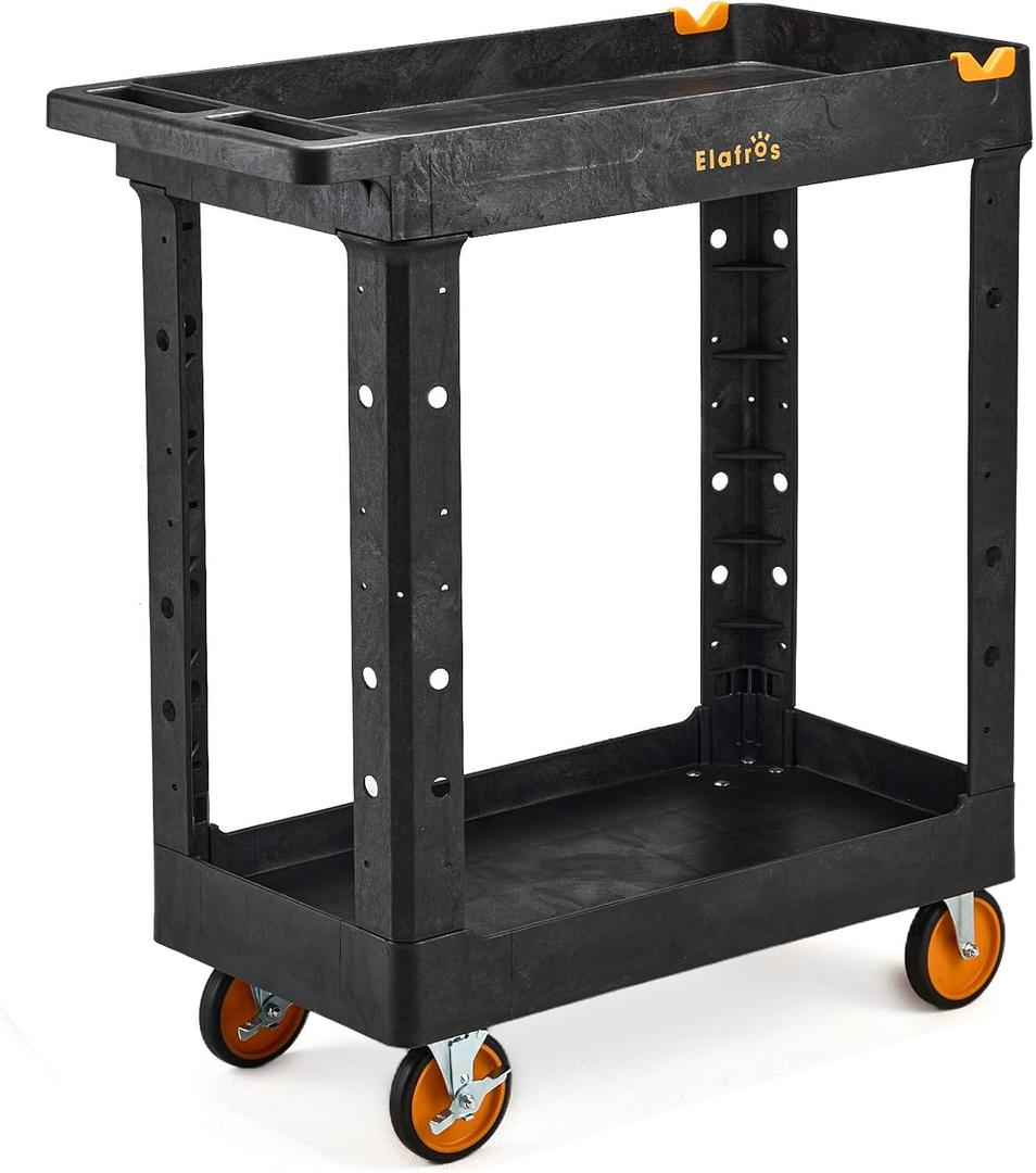 ELAFROS 2-Shelf Heavy Duty Utility Cart – 34.4" L x 16.7" W x 38.5" H Rolling Work Cart with Deep Shelves, 550 lbs Capacity, Industrial Plastic Service Cart for Garage, Warehouse, Shop