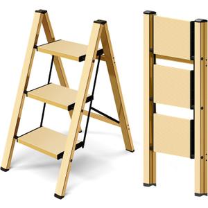 Taranta 3 Step Ladder,Aluminum Lightweight Folding 3 Step Stool with Anti-Slip Wide Pedal,330lbs Capacity Step Ladder for Household,Kitchen,Office - Gold