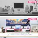Dual Monitor Stand Riser with Phone Tablet Holder, 35.8in Large Monitor Stand for Desk, Computer Monitor Stand for 2 Monitors, Desk Shelf for Top of Desk, Desktop Organizer for Laptop, Printer, TV (35.7" Pink)