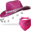 Pink Disco Cowgirl Hat with Bandana,Glitter Rhinestone Disco Ball Cowboy Hat for Women Men Costume Cosplay