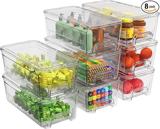 8 Pack Stackable Storage Drawers, Clear Storage Bins with lids and 4 Sets of Partitions, Acrylic Pull Out Drawers Organizer Storage for Home, Office, kitchen, School, Pantry Organizer