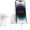D2 Wall Mount Phone Holder, Hands Free Phone Holder with Adhesive and Data Cable Receiving Hole for Shower, Charging, RV, Compatible with iPhone, Smartphone Cables, Keys and More (White)