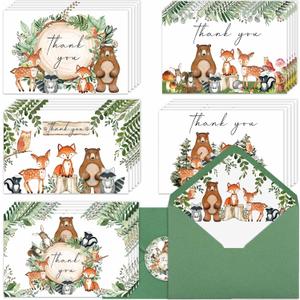 Yuzioey Woodland Thank You Cards, 4x6 Forest Animals Thank You Notes with Matching Envelopes & Stickers, Greenery Notecards, Woodland Baby Shower Birthday Thank You Cards (50PCS)