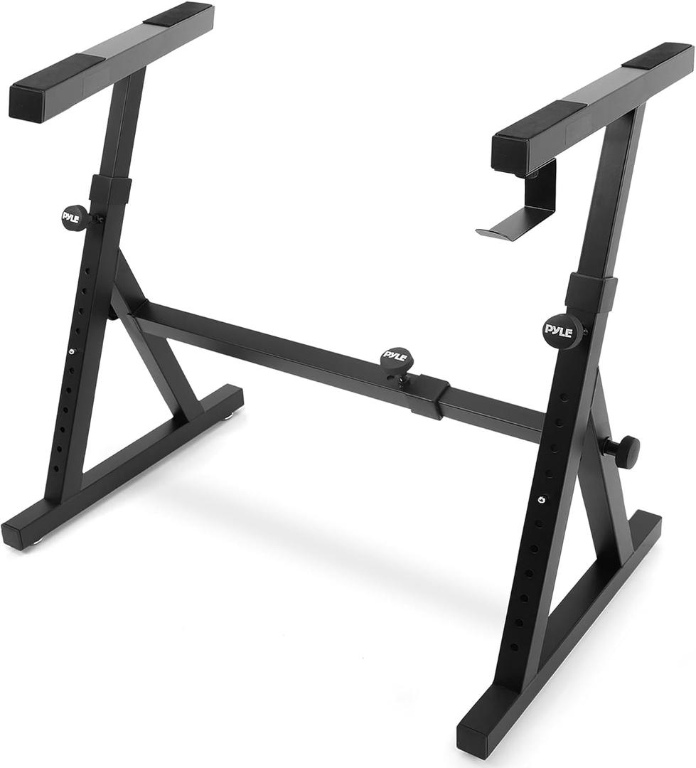 Pyle Heavy Duty Folding Keyboard Stand - Sturdy Reinforced Z Design w/ Adjustable Width & Height, Foam Padded Arms, Digital Piano Stand, Fits 54-88 Key Electric Pianos & Used for Travel & Storage