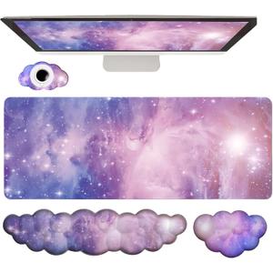Cloud Wrist Rest Keyboard Purple Cloud Mouse Pad Set 4PCS Galaxy Large Desk Mat Ergonomic Space Wrist Pad Support Memory Foam Non-Slip Wrist Rest for Keyboard and Mouse Computer Gaming Home Office
