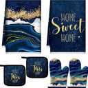 Bencailor 6 Pcs Marble Kitchen Decor Gold Pot Holders Oven Mitts 2 Dish Towels 2 Farmhouse Cooking Mittens Oven Glove and Potholder for Baking Cooking Grilling Supply Accessories(Blue)