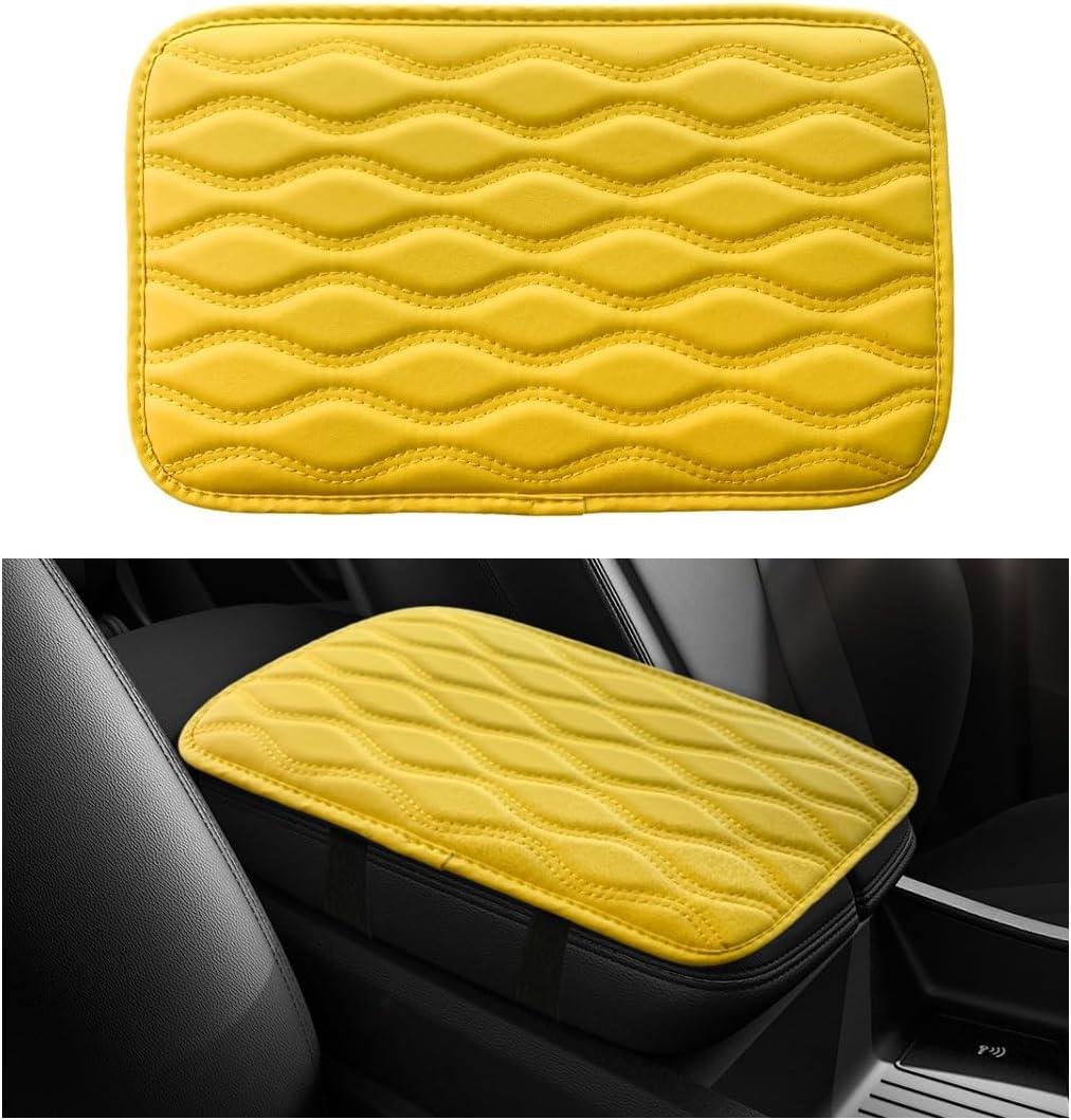 Car Center Console Pad, Waterproof Leather Armrest Seat Box Cover Protector, Non-Slip Middle Console Cushion Pad Interior Decor Fits Most Vehicles, Car Accessories (Yellow)