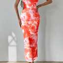 PRETTYGARDEN Women's Summer Wedding Guest Dress Strapless Tube Top Maxi Bodycon Long Floral Mesh Beach Vacation Party Dresses (Medium, Print Light Orange)