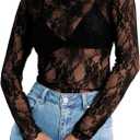 Elesomo Womens Lace Tops Mesh Sheer Long Sleeve Shirts Slim Fitted Tee | See Through, Sheer Under Shirt, Mock Neck, Turtleneck, Floral Blouse, Slim Fit, Layering Undershirt, Going Out, Party Club (Black, XL)