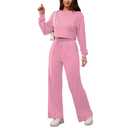 PINSV Women's 2 Piece Outfits Sweatsuit Set Long Sleeve Crop Top Drawstring Wide Leg Pants with Pockets Track Suits Casual Sets, Pink, XXL