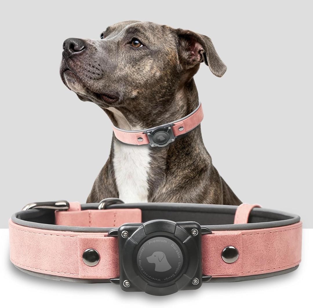 Premium Leather AirTag Dog Collar, 100% Waterproof & Reflective Dog Collar with AirTag Holder Compatible with Apple Air Tag | Durable, Comfortable Padded GPS Dog CollarsPink-L
