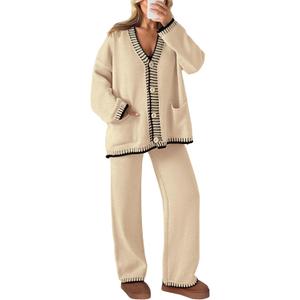 PRETTYGARDEN Women's 2 Piece Outfits Knit Matching Lounge Sets Long Sleeve V Neck Cardigan Sweaters Wide Leg Pants Tracksuits (Large, Beige)