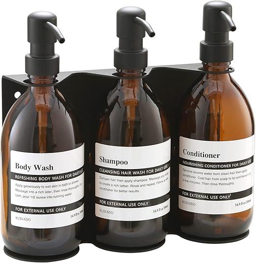 KUSVADO Wall Mounted Soap Dispenser, Glass Shower Bottle and Stainless Steel Holder with Waterproof Labels (3 Black Chambers)