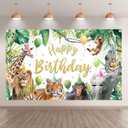 Fabric 96x60inch Jungle Animals Photography Backdrop Happy Birthday Safari Tropical Forest Zoo Background Kids Party Decoration Wildlife Photo Banner Booth