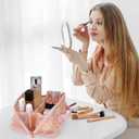 2026 New Makeup Bag for Women Girls,Lace Large Capacity Cosmetic Bag,Open Flat Travel Toiletry Bag,Hollow Out Makeup Organizer Bag With Divider and Handle(Pink)