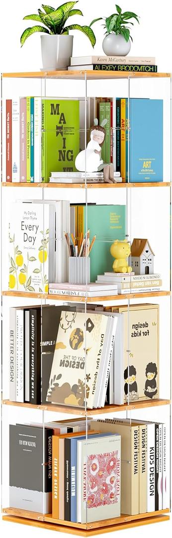 Rotating Bookshelf, 360 Degree Revolving Bookcase, 4-Tier Spinning Bookshelf, Clear Acrylic & Solid Wood Rotating Bookcase for Kids Playroom, Bedroom and Living Room, Square