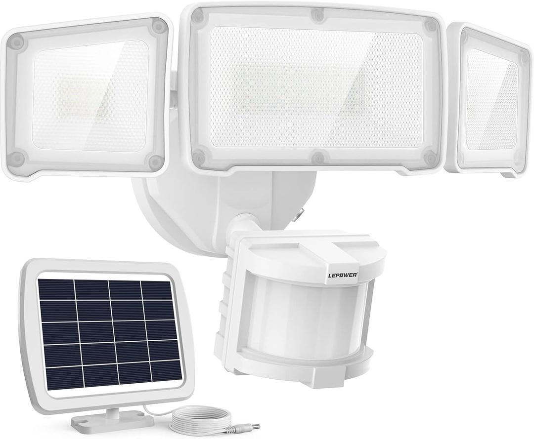 LEPOWER 1600LM LED Solar Security Lights Motion Outdoor, Motion Sensor Light, 5500K White Light, IP65 Waterproof Outdoor Flood Solar Light with 3 Adjustable Head for Yard, GarageWhite