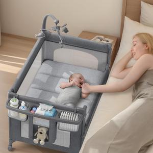4 in 1 Baby Bassinet, Pack and Play, Bedside Crib Sleeper, Diaper Changer, Quickly Assembled and Folded Portable Crib with Mattress and Mosquito Net, Easy to Carry (Grey)