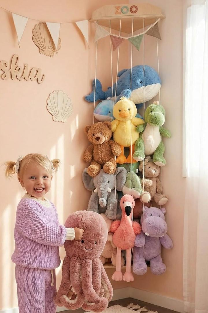 Stuffed Animal Storage Zoo with Decorative Muslin Garland - Cute Wooden Toy Storage Organizer for Kids Playroom or Nursery - Clever and Easy to Assemble Corner Wall Holder Maximizes Small Spaces