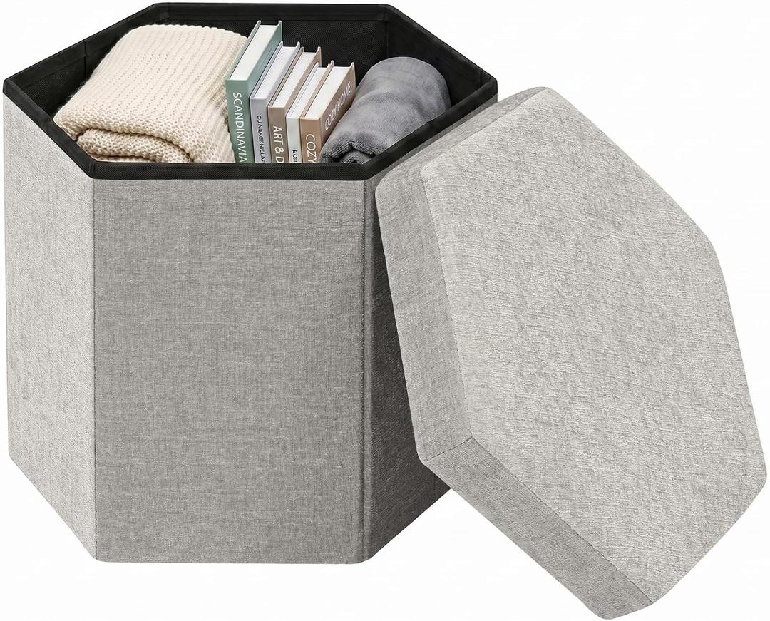 Hexagon Storage Ottoman, 15 Inch Foldable Footstool, Oat Gray | Plush Chenille Upholstery, Hidden Storage, Compact Footrest, Small Accent Ottoman for Entryway, Living Room and Dorm