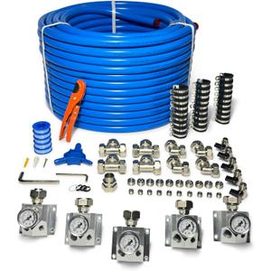 Compressed Air Piping System with 3/4 Inch ID x 200 feet 5-Way Multi-Outlet Aluminum Manifolds with individual Pressure Gauge HDPE Tubing Shop Air Line Kit, Air Compressor Line Kit | 200 PSI | 9120G