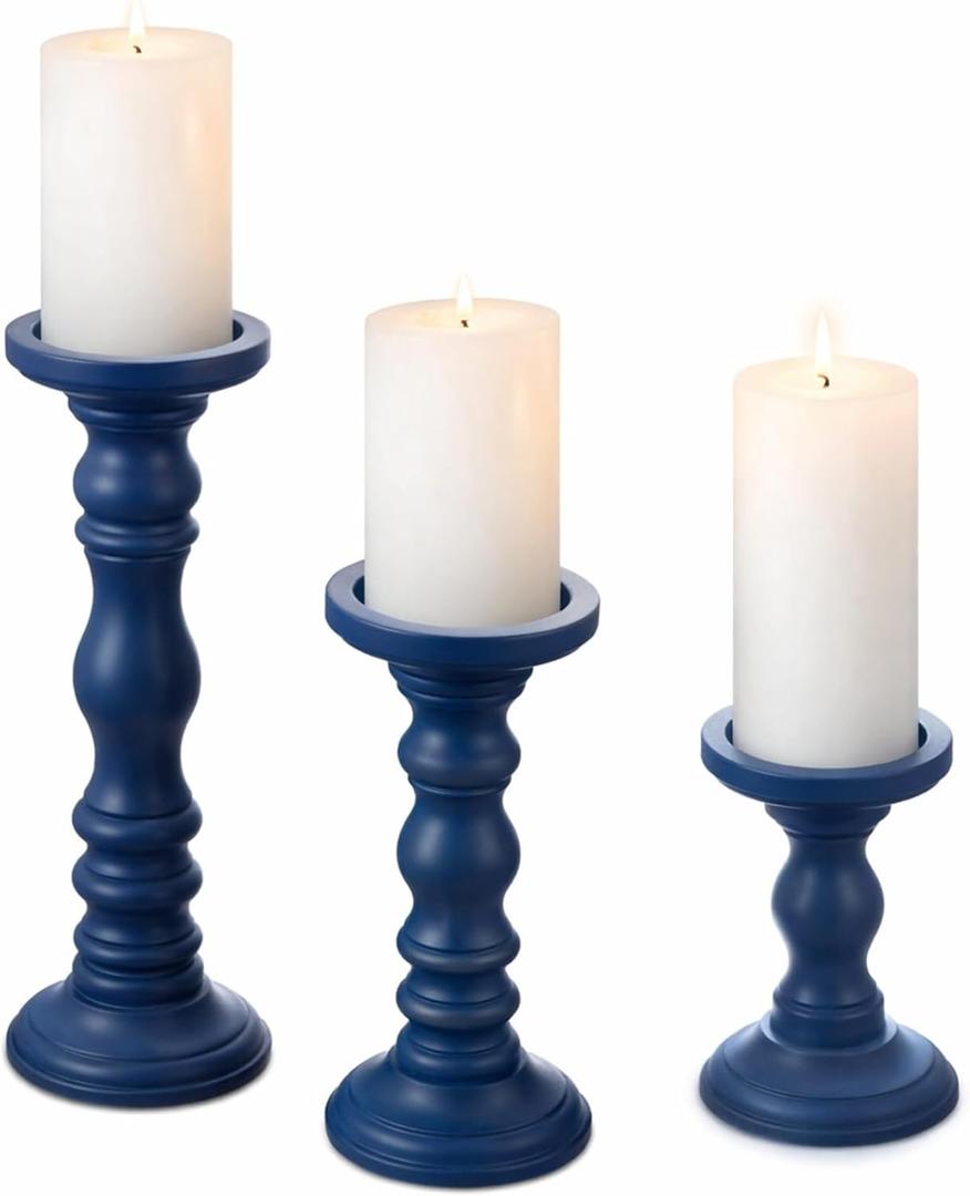 Set of 3 Navy Blue Candle Holders Rustic Farmhouse Mango Wood Candlestick Holder Large Pillar Candle Stand Vintage Antique Home Decor for Table Centerpieces Fireplace Mantel, 12", 9", 6" H
