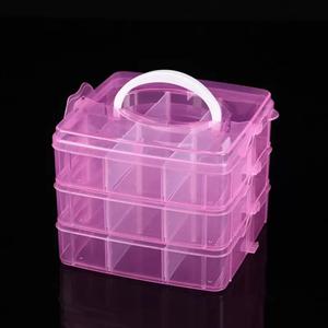 3-Tier Hair Accessories Storage Box, Clear Plastic Organizer with Handle, 5.9 x 5.9 x 5.1 in (Pink, 5.9 x 5.9 x 5.1 in)
