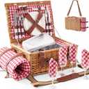 Willow Picnic Basket with Blanket for 4, Insulated Wicker Picnic Basket Set with Cooler Compartment, Plates, Wine Glasses, Cutlery & Napkins, Family Picnic Hamper for Camping, Park, Outdoor