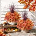 Fall Flowers Artificial Mums for Outdoors Autumn Decor, 12 Bundles Fake Fall Mums with 1 pcs Burgundy Grass UV Resistant Realistic Faux Flowers for Outside Home Porch Patio Planter Yard, Orange Yellow