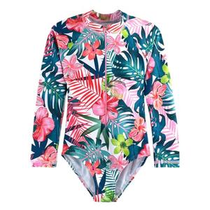 HOOBABE Big Girls Rash Guard Long Sleeve One Piece Swimsuits Zipper Bathing Suits UPF 50+ Tropical Plant Floral Pattern, 12T