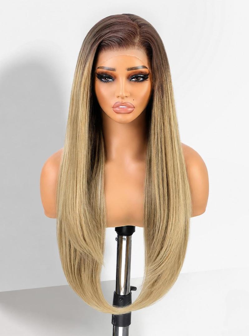 cuiud 13x4 HD Blonde Lace Front Wig 30inch Pre Plucked Glueless Synthetic Wig- Long Ombre Blond Natural Straight Wigs Easy Wear and Go Wigs for Women Beginner Friendly Daily Party Use