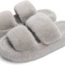 Chantomoo Women's Slippers Memory Foam Slippers for Women Fuzzy Comfy Faux Fur House Furry Indoor Open Two Bands Gift Slippers (7-8, Grey)