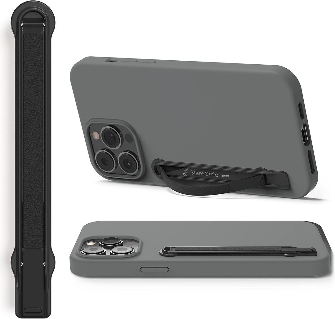 SleekStrip SleekGrip-Premium Ultra Thin Phone Grip Stand,Slim Metal Finger Loop Ring Hand Holder Strap Cell Phone Grips for iPhone 16 Pro Max,17,Android,Case Back - Gunmetal x Black Vegan Leather