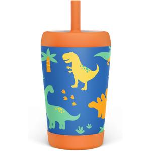 Kid Insulated Stainless Steel Tumbler with Silicone Straw, 12oz Sippy Cup for Kids (Dinosaurs)
