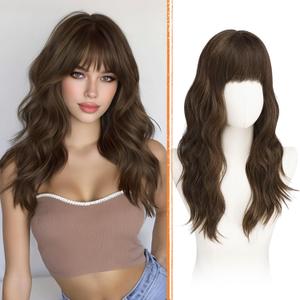 Haloo Brown Wigs with Bangs - 20 Inch Long Soft Wavy Natural Looking Synthetic Heat Resistant Hair Wig for Women Daily Party, Brown with Highlights