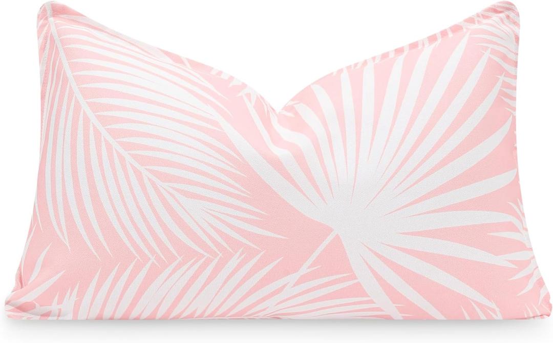 Hofdeco Premium Coastal Patio Indoor Outdoor Lumbar Pillow Cover Only, 12"x20" Water Repellent for Backyard, Couch, Blush Pink Palm Leaf
