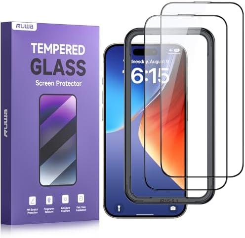 ruwa Screen Protector for iPhone 15, iPhone 16 [6.1 Inch][2-Pack] Tempered Glass with Easy Installation Frame, HD Clear,Anti-Scratch, Full Coverage