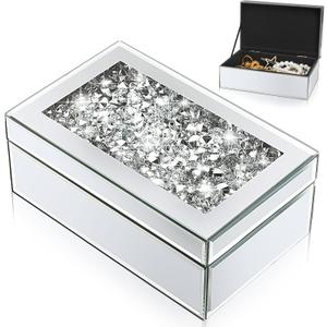 Kenning Luxury Silver Crushed Diamond Glass Mirrored Mirrored Jewelry Box Organizer Storage for Women Jewelry Ring Luxury Organizer Box