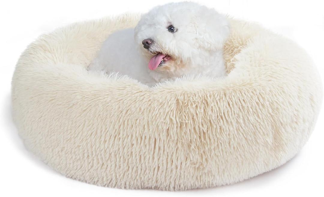 Small Dog Bed White Cream,Calming Dog Bed for Small Dogs,19 inches Donut Fluffy Pet Beds,Anti Anxiety Round Fits up to 10 lbs Soft Warm Pets Beds for Puppy Dogs Indoor