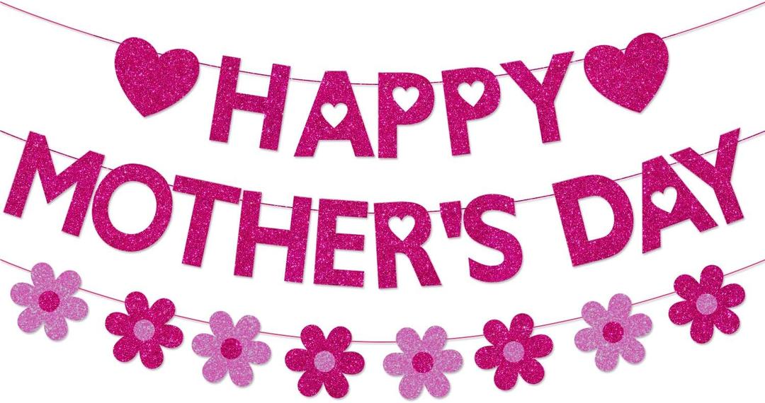 Mother's Day Decorations Banner - Happy Mothers Day Decor Sign with 3D Flower Garland Glitter, Pre-strung Hanging Bunting Banner for Mom Party Supplies, Home Wall Mantle Decor, Best Mom Ever Photo Backdrop, Rose Red