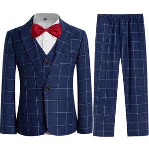 Boys Suit Ring Bearer Outfit 4 Pieces Kids Formal Wedding Suits Set Plaid Striped Blazer Vest Pants Blue (170/14yrs)
