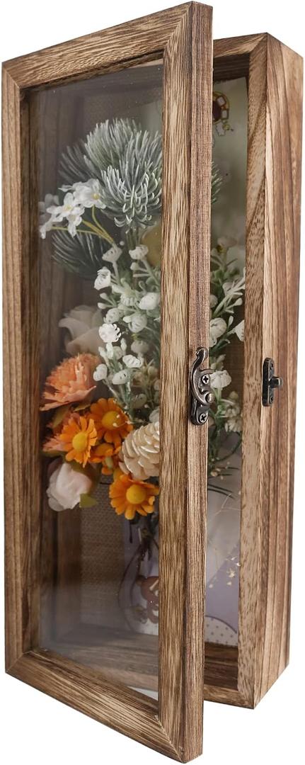  5x12.5 Shadow Box Frame Solid Wood Glass Door Display Case with Linen Back and 6 Stick Pins,1.5 inches Interior Depth,Ideal for Memorabilia Pictures Flowers Medals Tickets