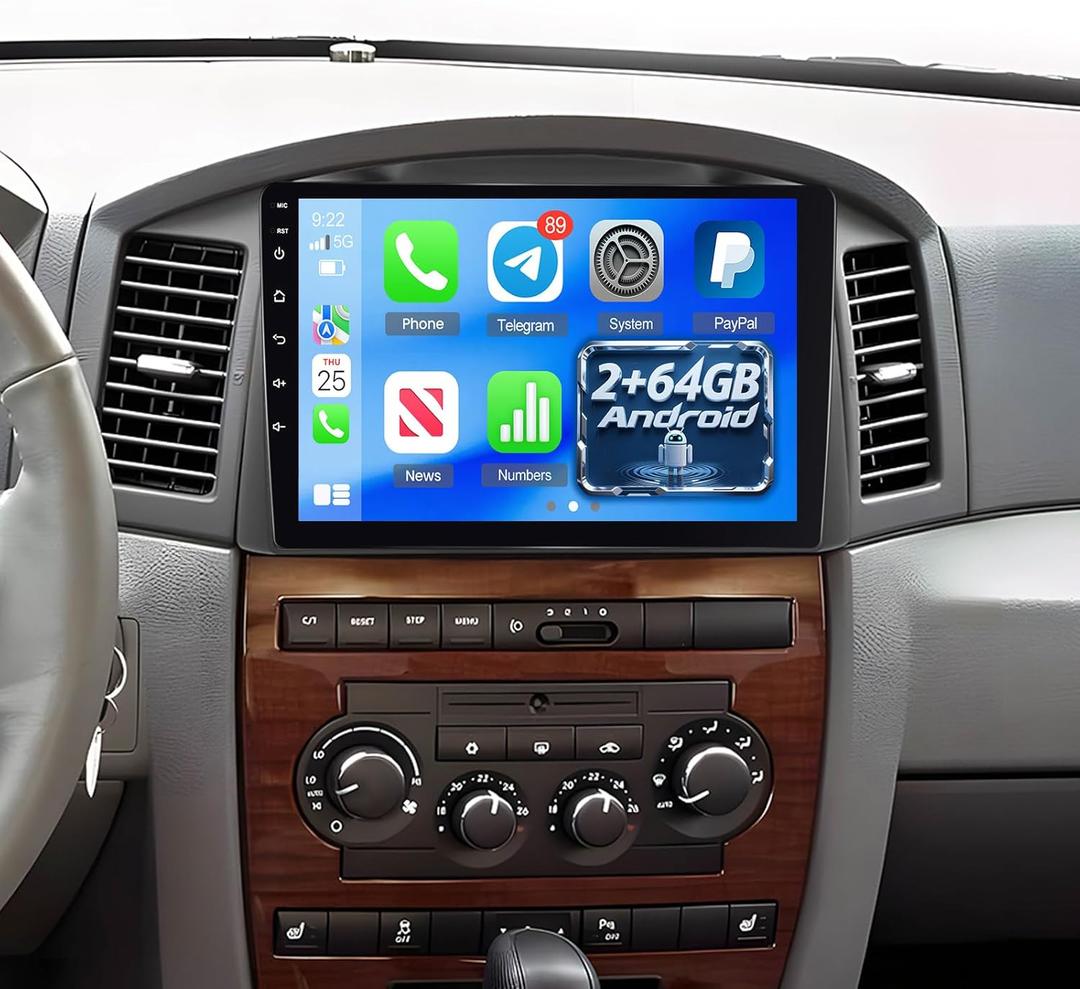 Car Radio for Jeep Grand Cherokee 2005 2006 2007, [2G+64G] 10.1 inch Android Touchscreen Stereo with Carplay/Android Auto, GPS, WiFi, Bluetooth, SWC, EQ, FM/RDS, Support Backup Cam