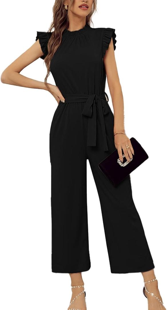 SheKiss Casual Elegant Jumpsuits For Women Dressy 2026 One Piece Short Sleeve Rompers Wide Leg Formal Business Outfits (Black, S)
