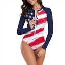 Zando UPF 50+ Long Sleeve Surfing Rash Guard Swimsuit - Womens One Piece Zip Floral Print Sports Bathing Suit for Beach Wear (12-14, 2 American Flag)