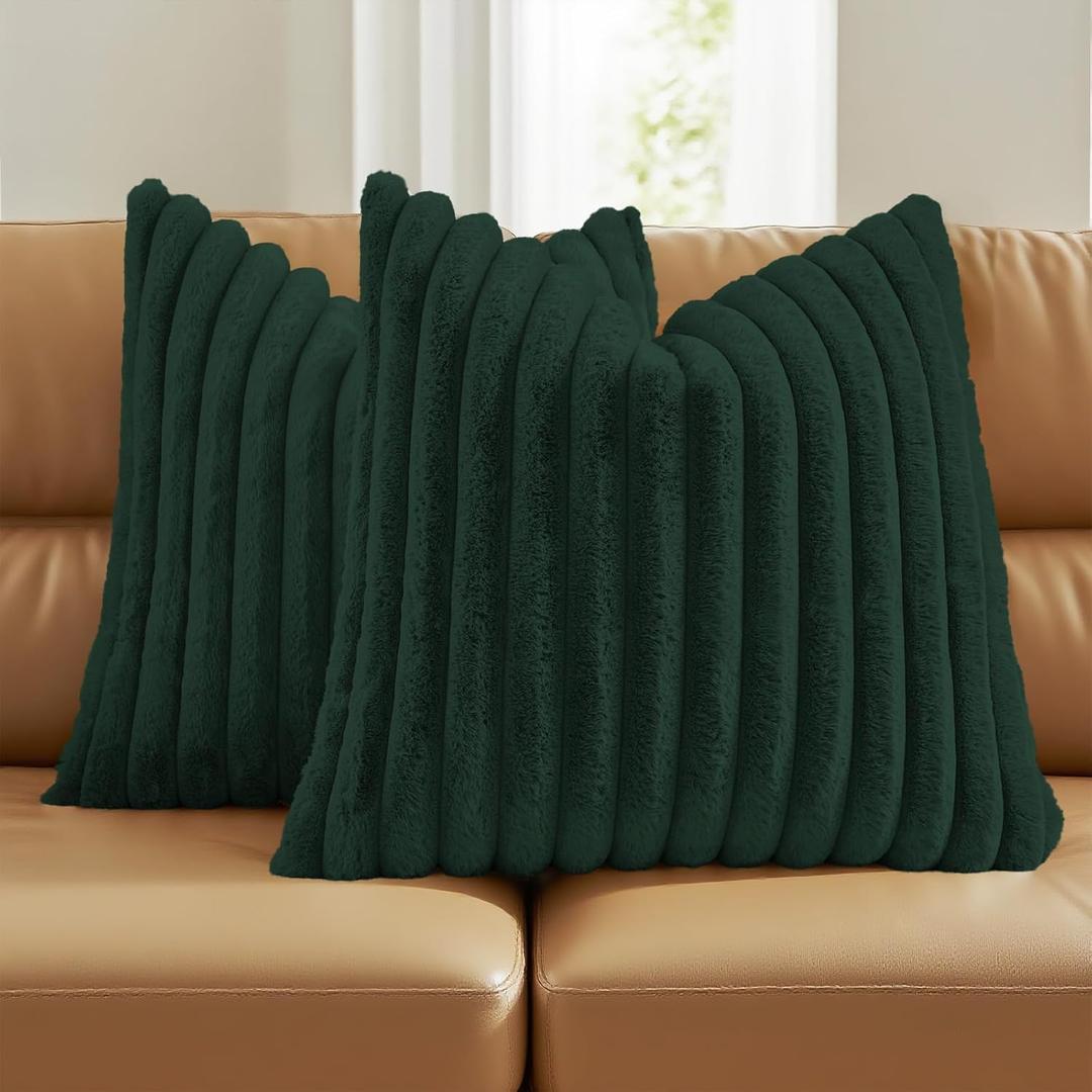 FUTEI Pack of 2 Solid Faux Fur Plush Throw Pillow Covers 18x18 Inch Soft Fluffy Striped Decorative Cushion Cases Modern Farmhouse Accent for Couch Bed Living Room, Dark Green