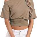 Off the Shoulder Drapey Tops for Women Fitted Waist Short Sleeve Ruched Shirts Summer Trendy Clothes 2026, Medium
